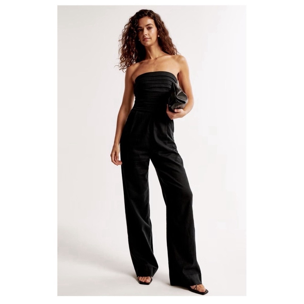 ABERCROMBIE & FITCH Jumpsuit Medium Tall Black Linen Blend Wide Leg #X1-1